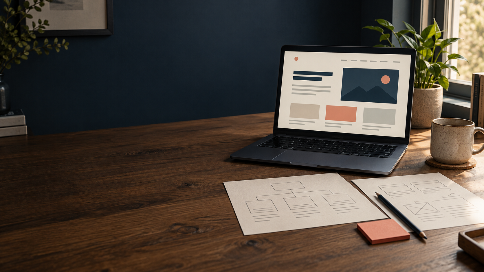 Illustrativer Arbeitsplatz mit Website-Entwürfen, Laptop und Notizen zur Planung einer Firmenwebsite