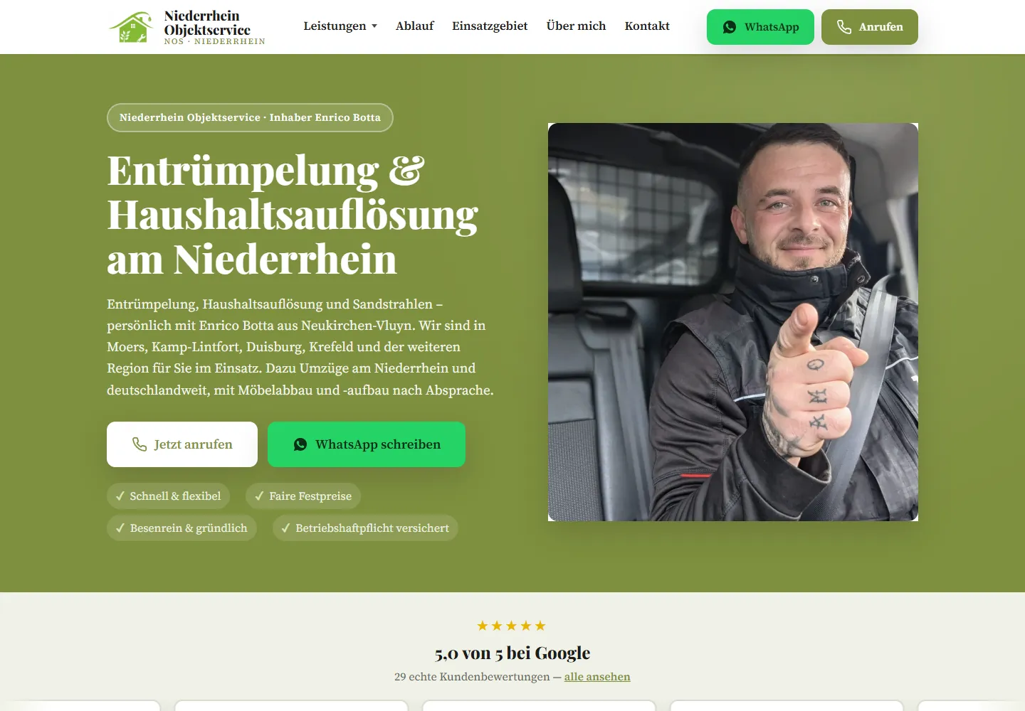 Screenshot der Website von Niederrhein Objektservice mit Leistungsübersicht im Einstieg, Ansprechpartnerfoto und direkten Kontaktmöglichkeiten