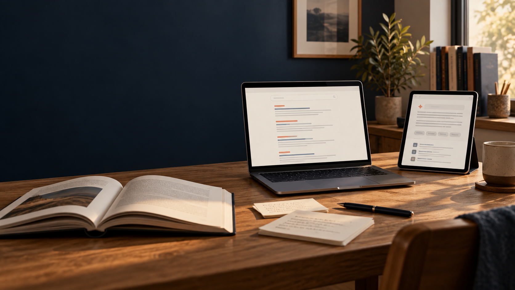 Symbolischer Arbeitsplatz mit Suchergebnissen auf einem Laptop und Unterlagen zur Planung von Website-Inhalten