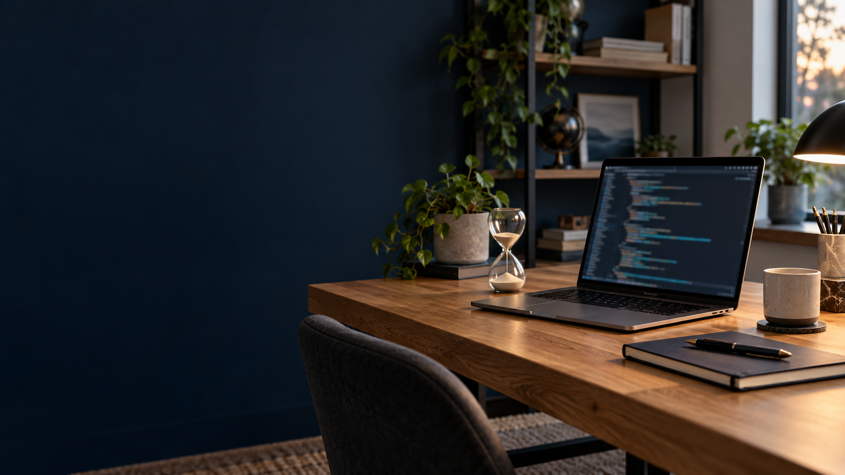 Symbolmotiv eines Entwicklerarbeitsplatzes mit Laptop und Sanduhr